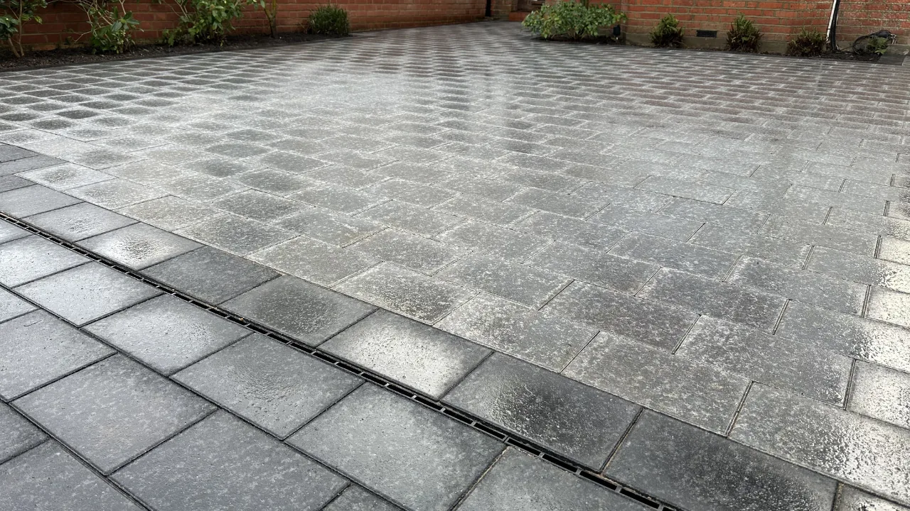 Finished charcoal block paving with a dark contrasting edge